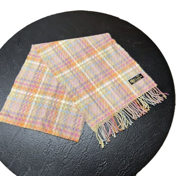 VTG Pastel Plaid Houndstooth 100% Cashmere Scarf Made in England 158×30 cm - Picture 1 of 5